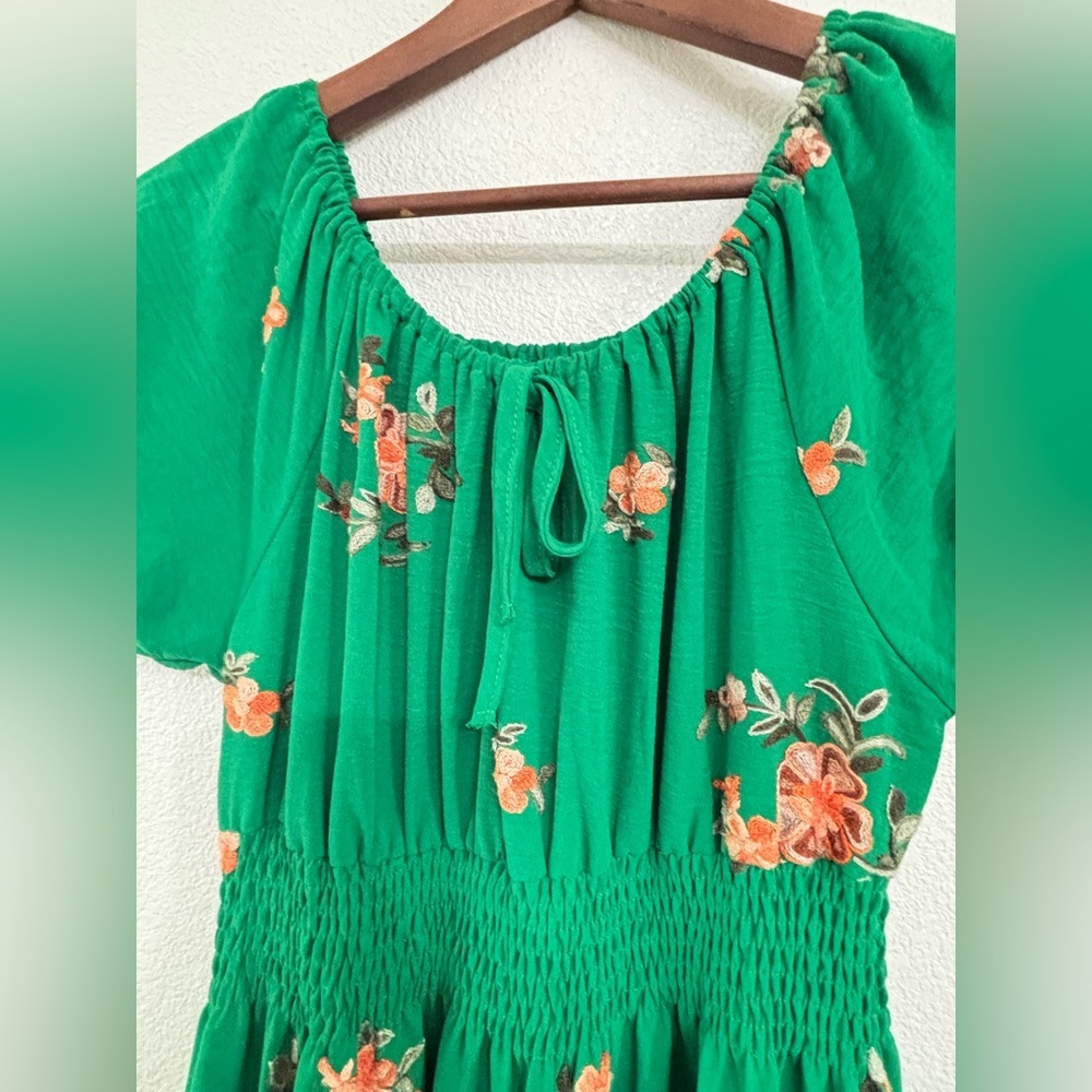 Anthropologie Kindred Green Floral Embroidered Smocked Tiered Cottagecore Maxi - Picture 4 of 11
